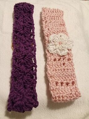 Handmade Crochet Headband Set - Purple and Light Pink with Flower Accent